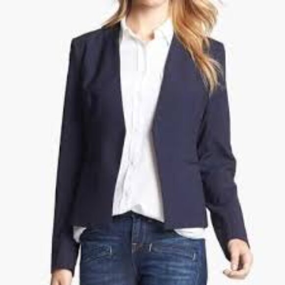 Theory Navy Virgin Wool Open Asymmetrical Collarless Blazer Size 12 - Picture 1 of 13